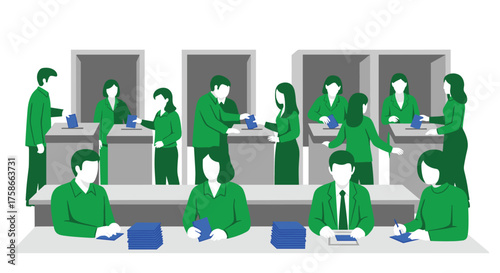 People voting at polling stations with blue ballot boxes and booths