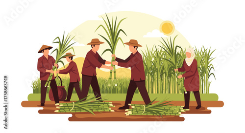Sugarcane Farmers Working Together Harvesting Tall Green Stalks Under The Sun
