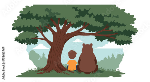 A boy and a bear sit under a tree enjoying a peaceful day