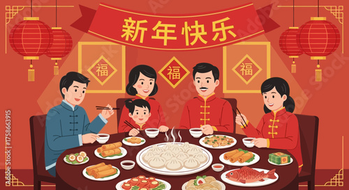 Happy Chinese New Year Celebration with Family Gathering and Traditional Food Display