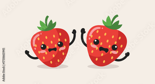 Two anthropomorphic strawberries dancing cheerfully with raised arms.
