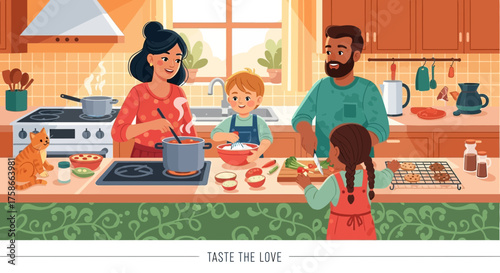 Happy family preparing food together in the kitchen showcasing love and togetherness in warm