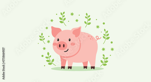 A cute pink pig stands surrounded by green leaves and small white stars on a light green background.