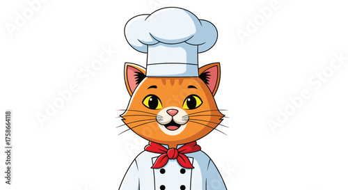 An adorable orange tabby cat wearing a chef's hat and uniform smiles brightly.