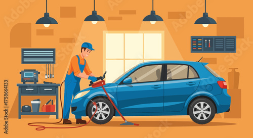 Illustration of a car mechanic vacuuming a blue hatchback in an auto repair shop interior