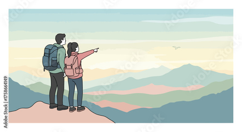 Illustration of a couple hiking and enjoying the mountain view at sunrise adventure time