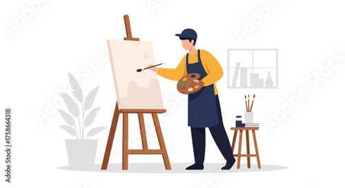 Illustration of a focused artist creating a masterpiece on canvas with passion