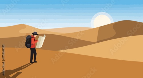Illustration of a Lost Hiker in a Desert Looking at a Map Seeking for Direction on a Hot Day