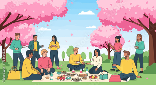 Illustration of a group of friends enjoying a picnic under blooming cherry blossom trees on a