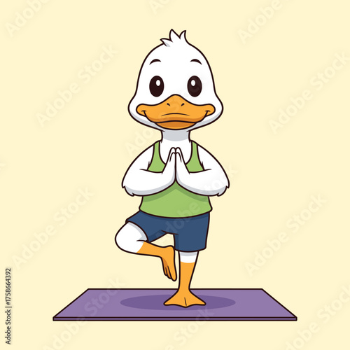 Cute Duck Character in Yoga Tree Pose - Cartoon Animal Vector Illustration