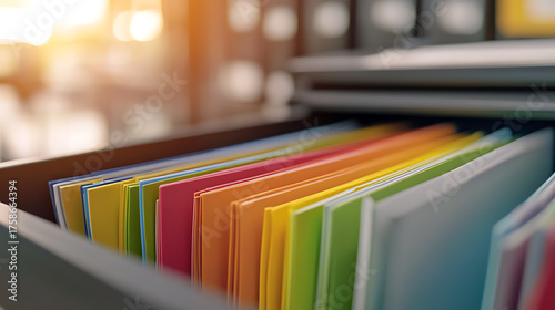 A file cabinet drawer is open, revealing a spectrum of colorful file folders neatly arranged inside. The folders appear organized and accessible, providing a glimpse into structured document