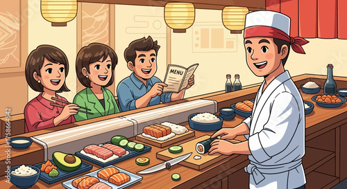 Illustration of a Sushi Restaurant Scene with Customers and Chef at the Counter Preparing Food