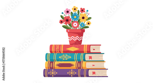 A charming arrangement of colorful flowers blooming from a pot atop a stack of classic books on a white background.