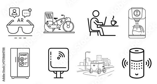 A set of line art icons representing various smart technologies, including smart glasses, a smart tractor, remote work, and smart home appliances.