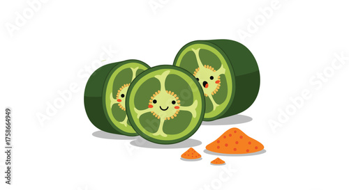 Cute cartoon sliced jalapeño peppers with happy faces and spices.