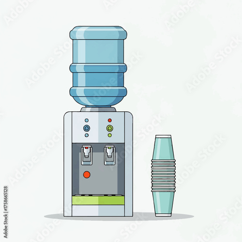 Office Water Cooler with Bottle and Cup Hydration and Refreshment Illustration