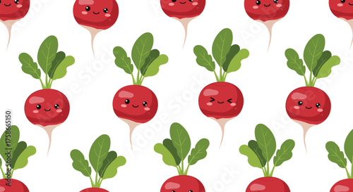 Kawaii style repeating pattern of cute cartoon radishes with green leaves on a white background.