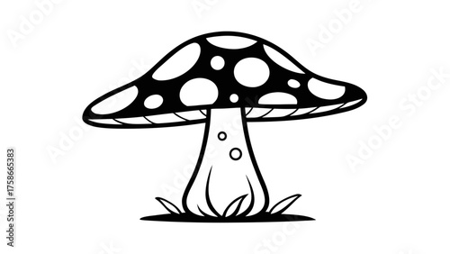 Black and White Cartoon Mushroom with Polka Dots in Grass Line Art Vector Illustration
