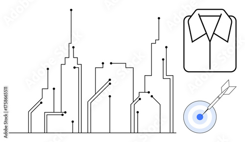 Digital cityscape with microchip-thumbs up elements, shirt collar icon for professionalism, and bullseye for precision or goals. Ideal for innovation, tech, business, goals, urbanization