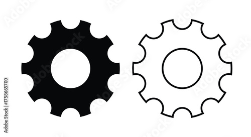 Solid and outline gear (cogwheel) icons side by side on a white background. This vector symbol represents settings, maintenance, mechanical system, process, configuration, engineering, technical tools