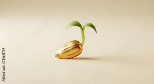 Golden seed sprouting with green leaves symbolizing growth and potential on a beige background