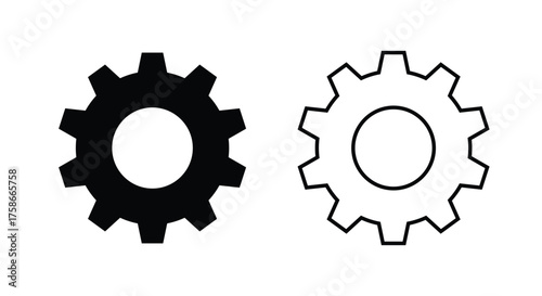 Solid and outline gear (cogwheel) icons side by side on a white background. This vector symbol represents settings, maintenance, mechanical system, process, configuration, engineering, technical tools