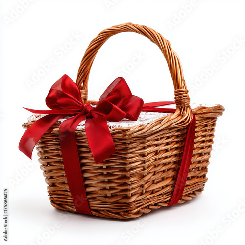 Isolated stylish wicker gift basket with ribbons, white backdrop, high-resolution studio shot