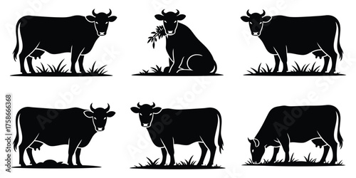 Farm Animal Design Elements  High Quality Cow Silhouettes in Monochrome Vector