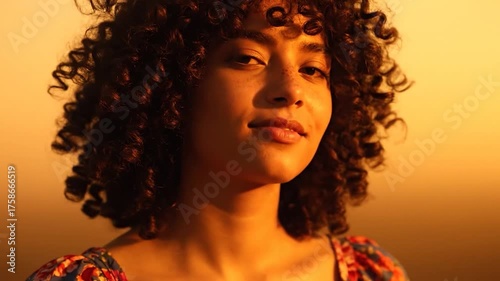 Portrait of a young woman with curly hair bathed in golden hour light.