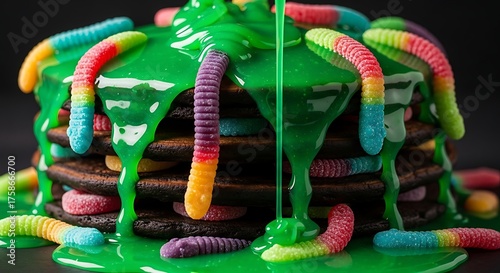 Stack of chocolate pancakes covered in green slime and gummy worms for a spooky halloween treat