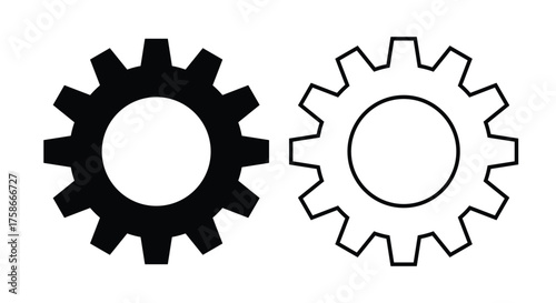 Solid and outline gear (cogwheel) icons side by side on a white background. This vector symbol represents settings, maintenance, mechanical system, process, configuration, engineering, technical tools