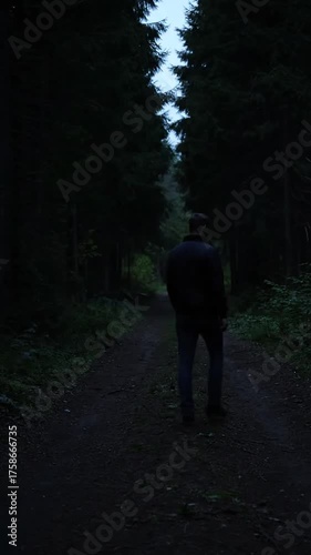 Man walks through forest path under darkening sky silhouette