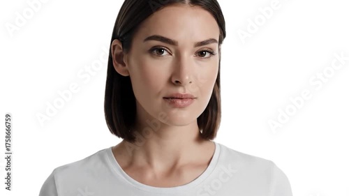 Portrait of a young woman with short brown hair and brown eyes, looking to the side with a neutral expression, wearing a white t-shirt against a white background.