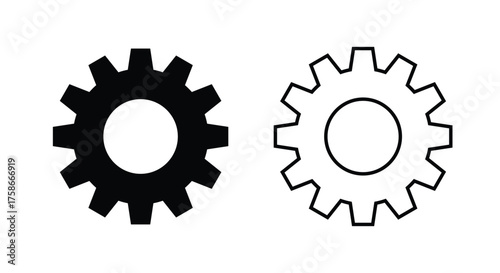 Solid and outline gear (cogwheel) icons side by side on a white background. This vector symbol represents settings, maintenance, mechanical system, process, configuration, engineering, technical tools