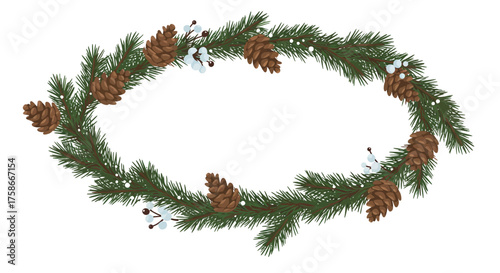 Festive pinecone and greenery wreath with snowy accents