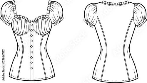 Women’s fitted blouse fashion sketch, puff sleeve top with sweetheart neckline, front and back technical view, garment construction vector illustration