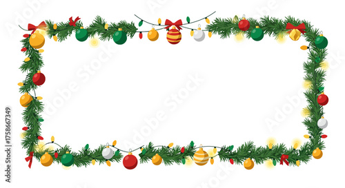 Festive christmas border with colorful ornaments and pine garland