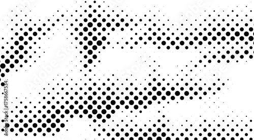 Dynamic black and white halftone pattern features varying sizes of circles arranged in angled, textured lines across a clean white backdrop, creating a visually striking design