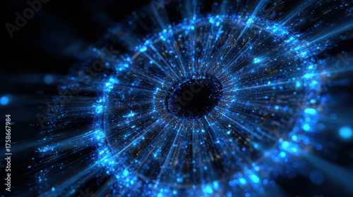 Glowing energy stream quantum tunneling blue light particle physics ring abstract cosmic futuristic motion pulses with awe and depth