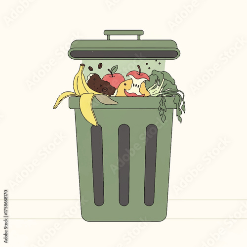 A simple vector illustration of an overflowing green trash can filled with organic food waste for composting and recycling
