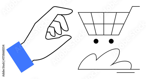 Hand reaching towards a minimalist shopping cart with abstract shapes, suggesting commerce, online transactions, convenience, and purchasing. Ideal for retail, e-commerce, marketing, logistics