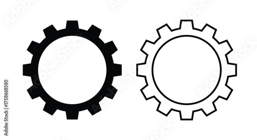 Solid and outline gear (cogwheel) icons side by side on a white background. This vector symbol represents settings, maintenance, mechanical system, process, configuration, engineering, technical tools