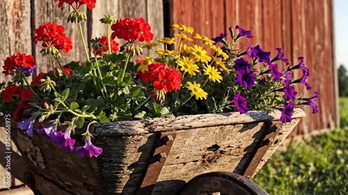 Rustic Wheelbarrow Overflowing with Colorful Flowers by Old Barn.
