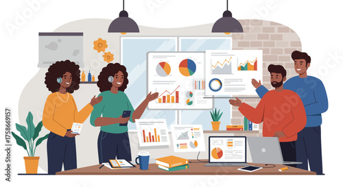 Diverse team analyzing data in modern office with infographics and technology