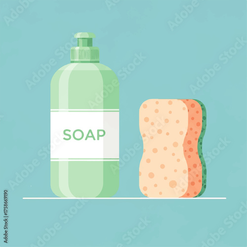 Soap bottle and sponge for cleaning and dishwashing on a shelf