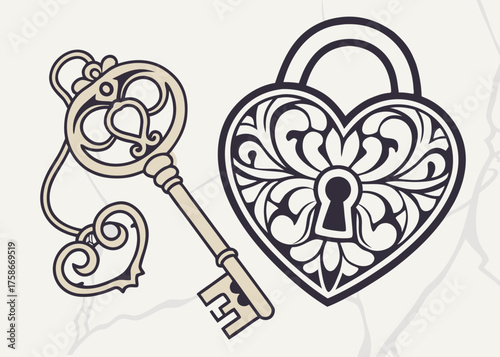 Heart lock and key design in gold over marble background

