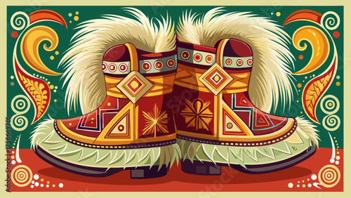 Very beautiful traditional warm boots of the indigenous peoples of the north, richly decorated with deer fur and intricate national patterns, representing authentic Arctic craftsmanship, heritage, and