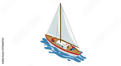 Isometric sailboat adventure on open water with clear skies
