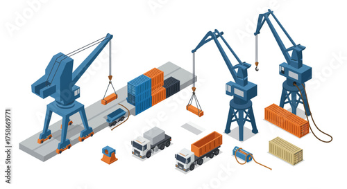 Isometric shipping port scene with cranes, containers, and trucks