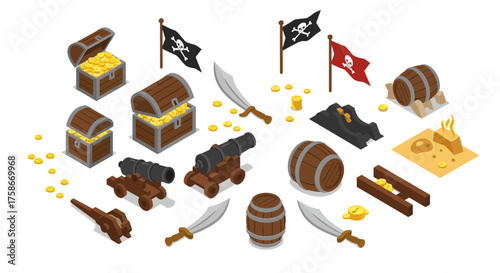 Isometric pirate treasure icons: chests, cannons, flags, swords, and coins